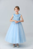 White A Line Beaded Tulle Flower Girl Dress With Appliques