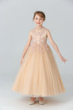 White A Line Beaded Tulle Flower Girl Dress With Appliques