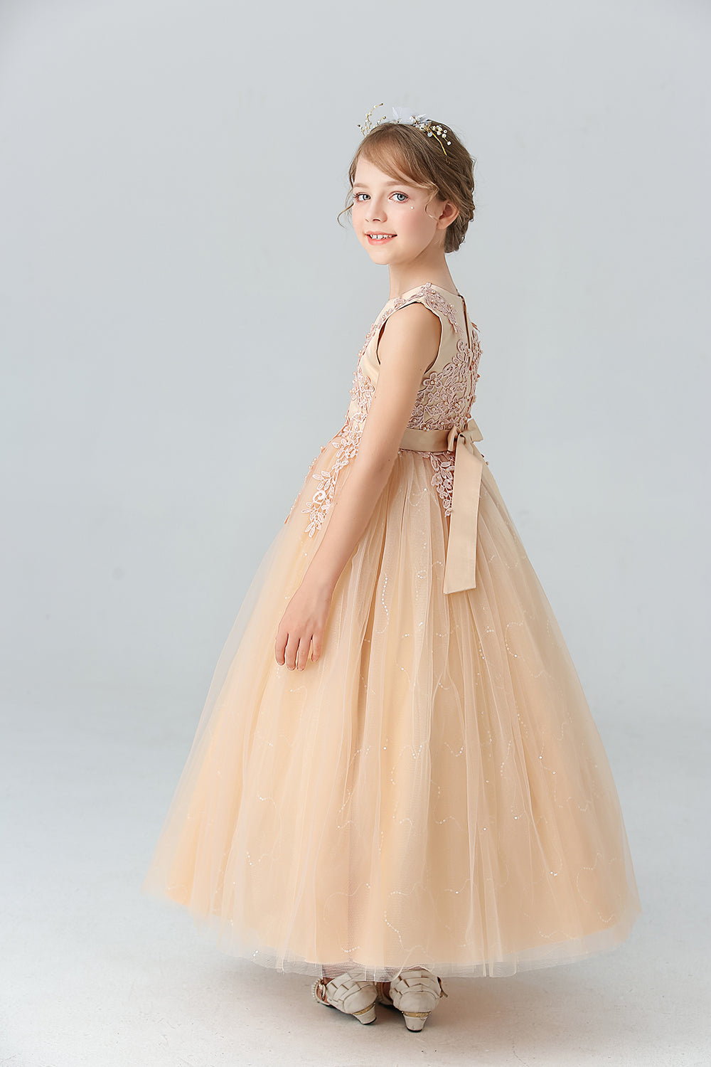 White A Line Beaded Tulle Flower Girl Dress With Appliques