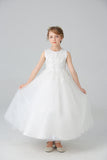 White A Line Beaded Tulle Flower Girl Dress With Appliques