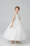 White A Line Beaded Tulle Flower Girl Dress With Appliques