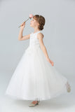 White A Line Beaded Tulle Flower Girl Dress With Appliques