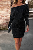 Black Off the Shoulder Long Sleeves Sparkly Holiday Party Dress