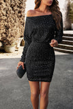 Black Off the Shoulder Long Sleeves Sparkly Holiday Party Dress