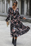 Black V-Neck Floral Printed Casual Dress With Long Sleeves