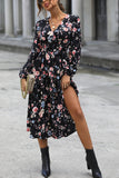 Black V-Neck Floral Printed Casual Dress With Long Sleeves