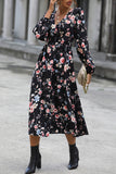 Black V-Neck Floral Printed Casual Dress With Long Sleeves