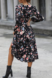 Black V-Neck Floral Printed Casual Dress With Long Sleeves