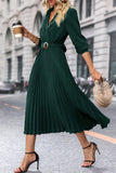 Dark Green A Line V Neck Long Sleeves Casual Dress with Belt