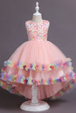 Pink High Low Boat Neck Tulle Flower Girl Dress Wedding Party Dress