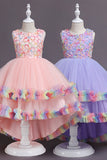 Pink High Low Boat Neck Tulle Flower Girl Dress Wedding Party Dress