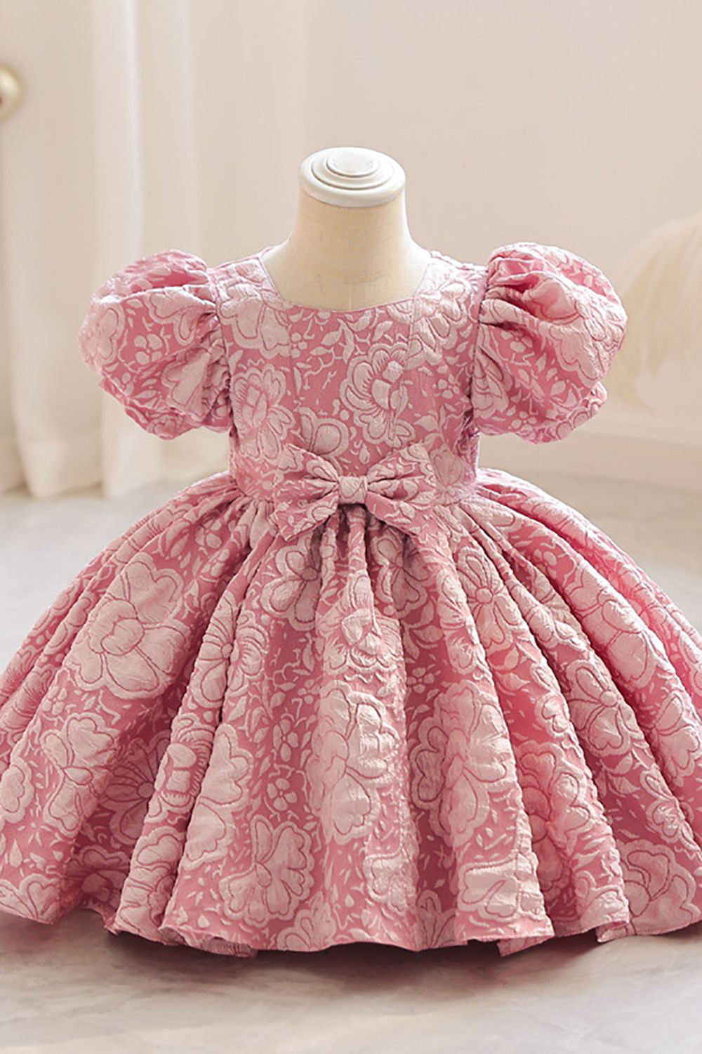 Wedtrend Champagne Flower Girl Dress A-Line Puff Sleeves Wedding Girl Dress with Bowknot, Pink / 2 Wedtrend Champagne Flower Girl Dress A-Line Puff Sleeves Wedding Girl Dress with Bowknot, Pink / 2