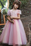 Pink A-Line Tulle Flower Girl Dress with Sequins