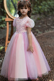 Pink A-Line Tulle Flower Girl Dress with Sequins