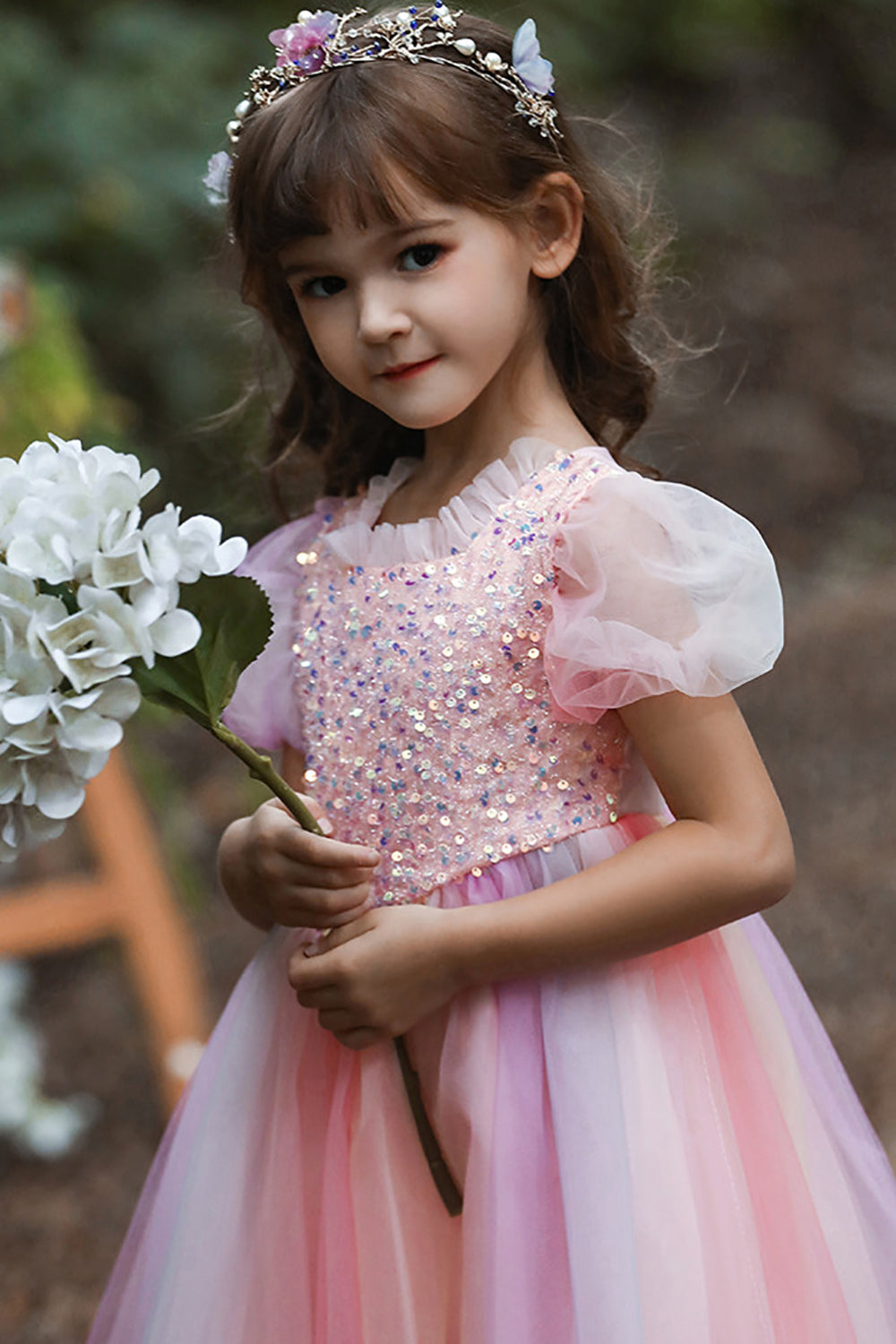 Pink A-Line Tulle Flower Girl Dress with Sequins