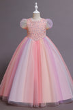 Pink A-Line Tulle Flower Girl Dress with Sequins