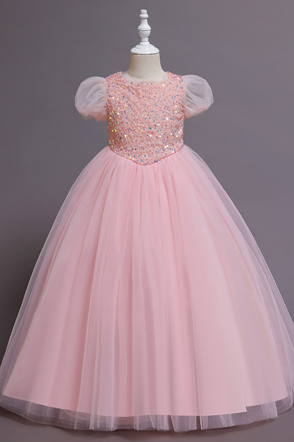 Light Blue Puff Sleeves Tulle Flower Girl Dress with Sequins