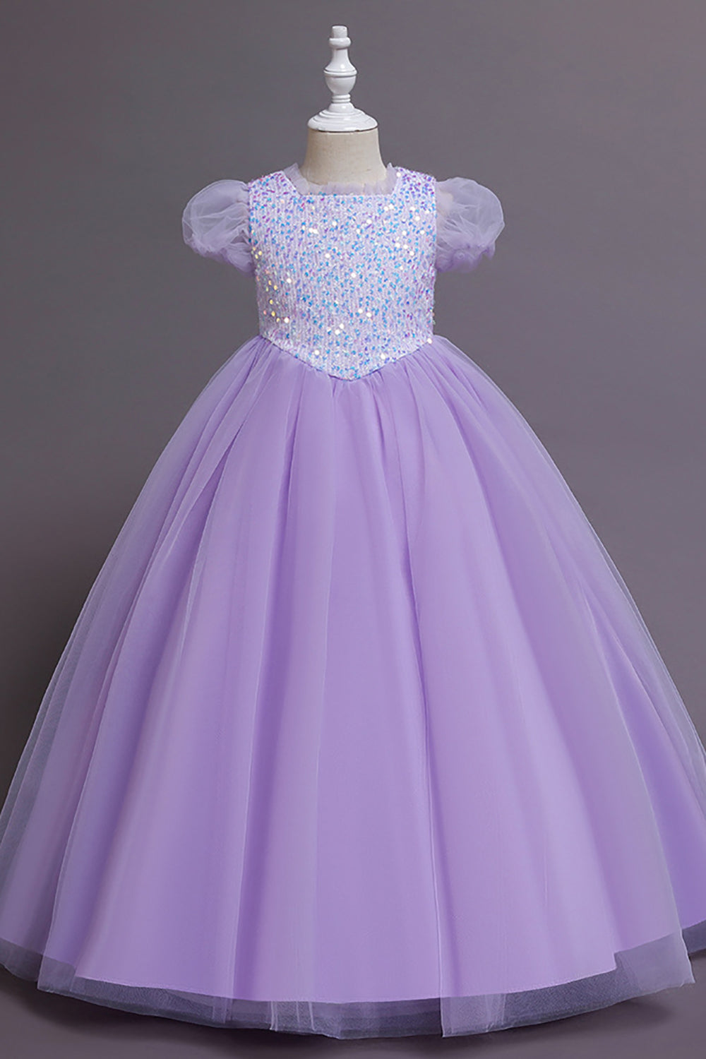 Light Blue Puff Sleeves Tulle Flower Girl Dress with Sequins