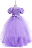 Light Blue Puff Sleeves Tulle Flower Girl Dress with Appliques