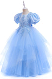 Light Blue Puff Sleeves Tulle Flower Girl Dress with Appliques