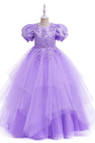 Light Blue Puff Sleeves Tulle Flower Girl Dress with Appliques