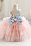 Pink Tiered Flower Printed Flower Girl Dress with Bowknot