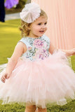 Pink Tiered Flower Printed Flower Girl Dress with Bowknot