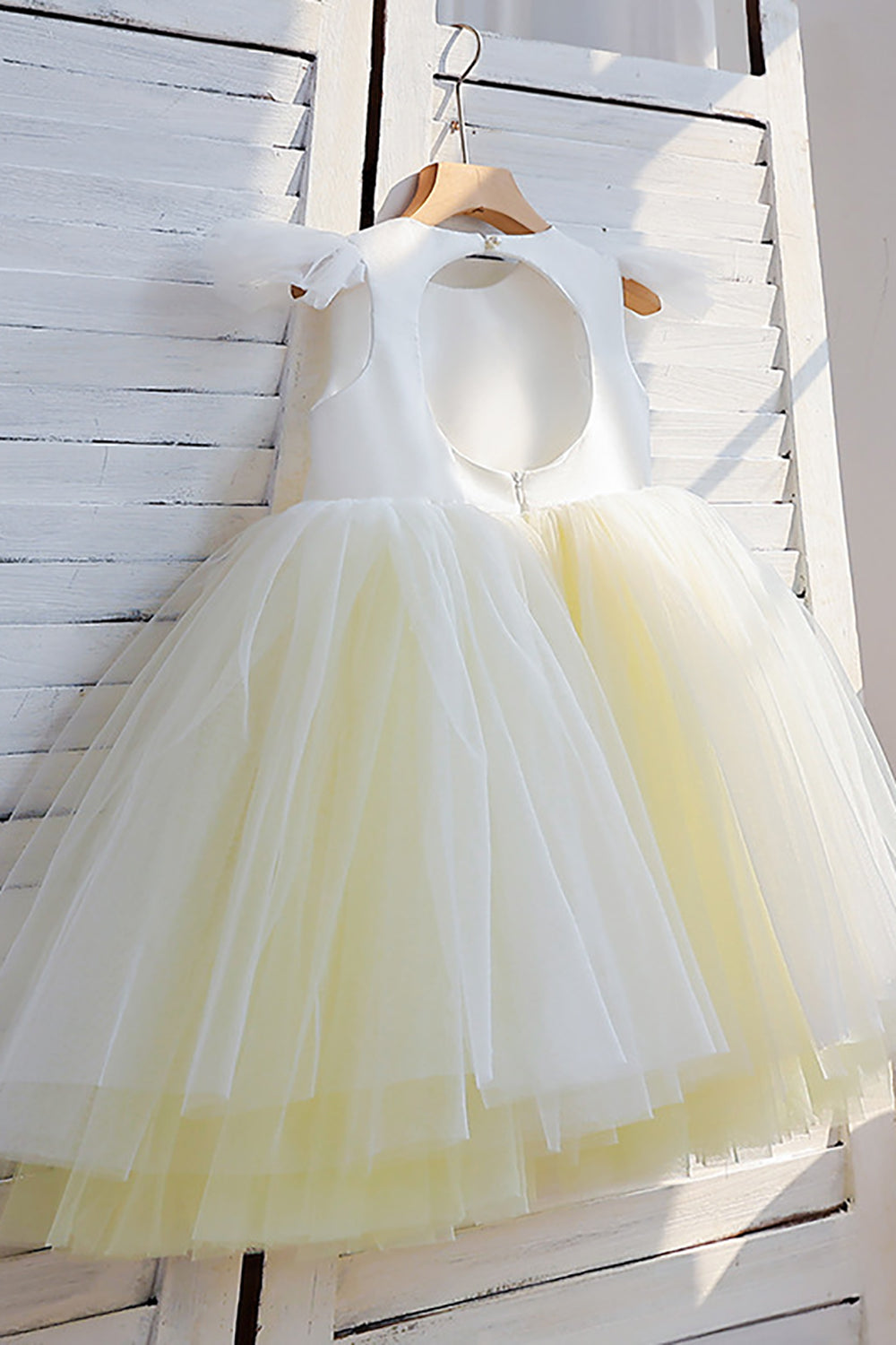 light yellow color dress Wedtrend Light Yellow Flower Girl Dress A-Line Tulle Open Back Sleeveless Wedding Girl Dress – WEDTREND