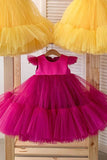 Fuchsia A Line Tulle Flower Girl Dress with Cap Sleeves