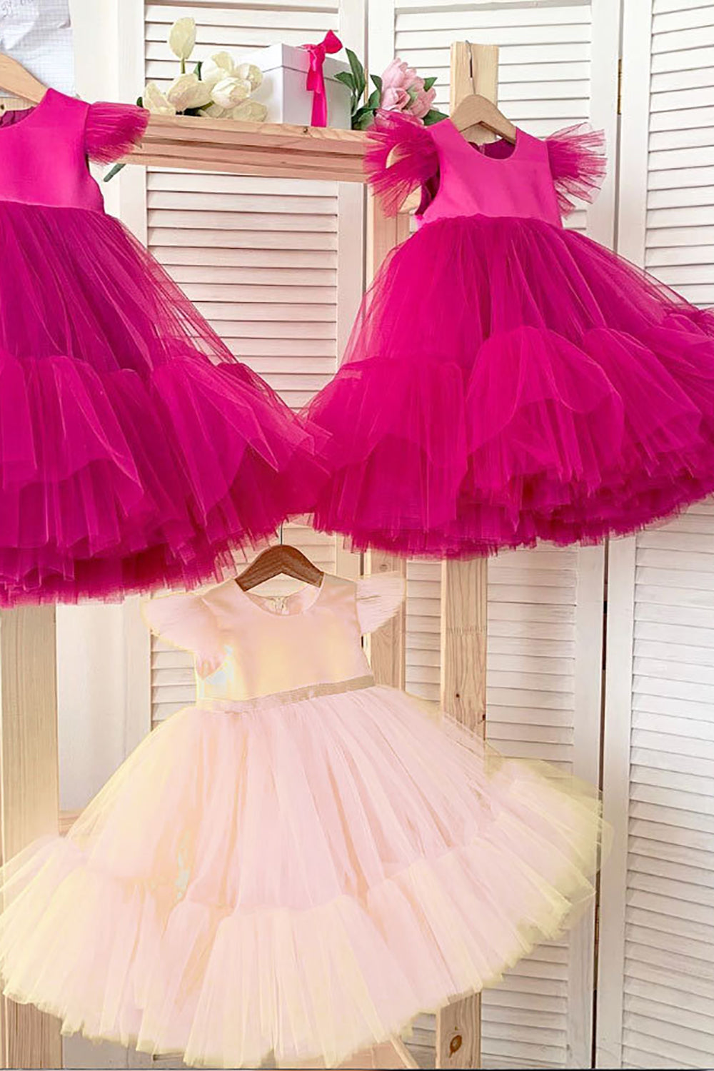 Fuchsia A Line Tulle Flower Girl Dress with Cap Sleeves