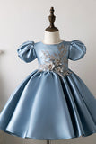 Blue Puff Sleeves Flower Girl Dress with Appliques
