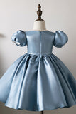 Blue Puff Sleeves Flower Girl Dress with Appliques
