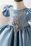 Blue Puff Sleeves Flower Girl Dress with Appliques