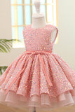 Pink Sparkly Boat Neck Mini Flower Girl Dress