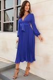 Royal Blue A Line V Neck Wedding Guest Party Dress with Belt