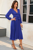 Royal Blue A Line V Neck Wedding Guest Party Dress with Belt