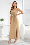 Gold A Line V Neck Long Wedding Guest Party Dress with Silt