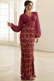 Blue Bodycon Fringed Floor Length Formal Dress with Long Sleeves