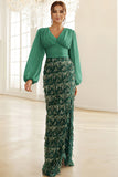 Blue Bodycon Fringed Floor Length Formal Dress with Long Sleeves