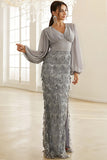 Blue Bodycon Fringed Floor Length Formal Dress with Long Sleeves