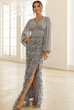 Blue Bodycon Fringed Floor Length Formal Dress with Long Sleeves