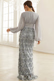 Blue Bodycon Fringed Floor Length Formal Dress with Long Sleeves