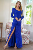 Royal Blue Sparkly Long Sleeves Sequins Evening Party Dress with Slit