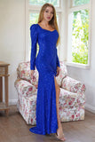 Royal Blue Sparkly Long Sleeves Sequins Evening Party Dress with Slit