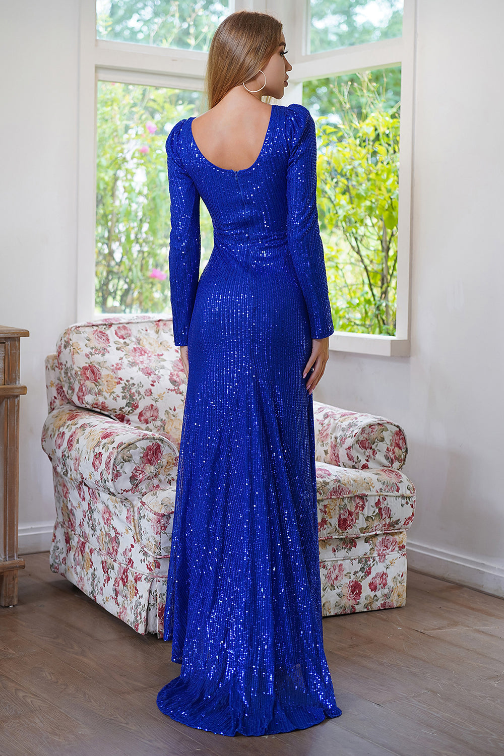 Royal Blue Sparkly Long Sleeves Sequins Evening Party Dress with Slit