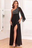 Sparkly Black One Shoulder Floor-Length Dress with Sequins