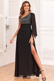 Sparkly Black One Shoulder Floor-Length Dress with Sequins