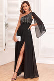 Sparkly Black One Shoulder Floor-Length Dress with Sequins