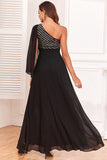 Sparkly Black One Shoulder Floor-Length Dress with Sequins