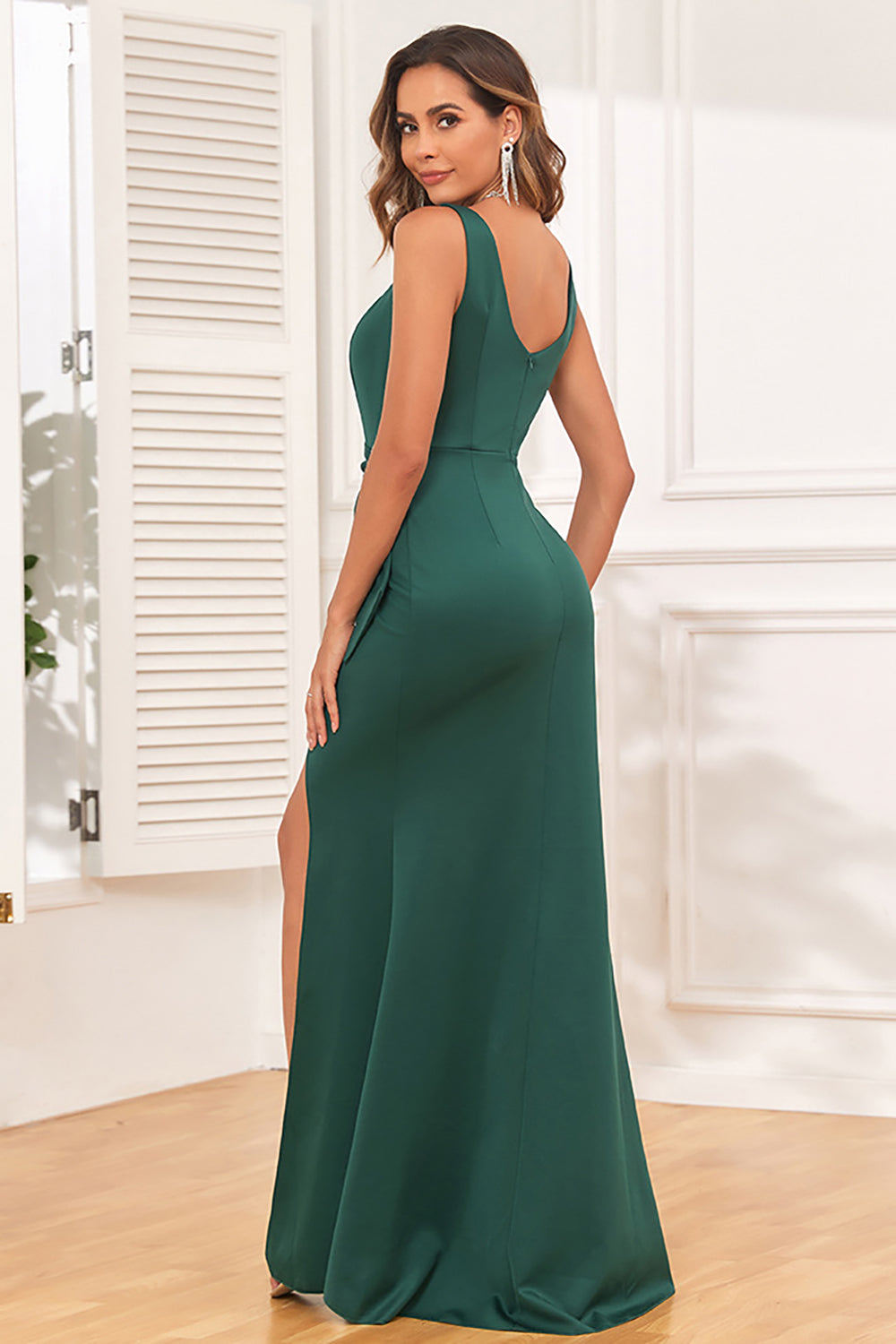 Satin Mermaid Dark Green Floor-Length Dress with Front Split